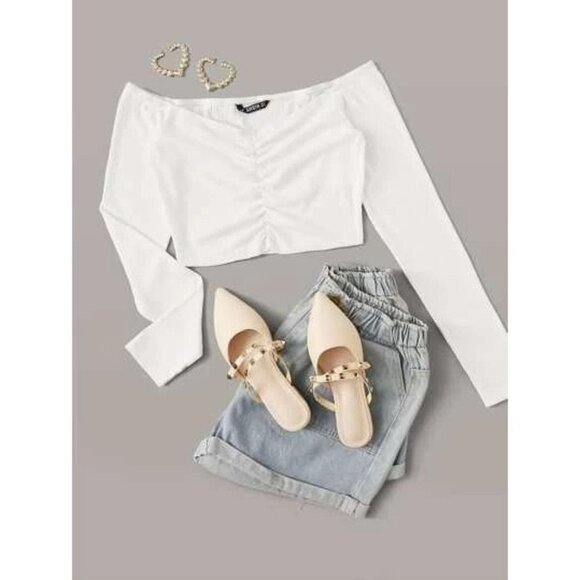New SHEIN Qutie Ruched Detail Bardot Crop Top‎ in White - Size XS - Picture 1 of 5